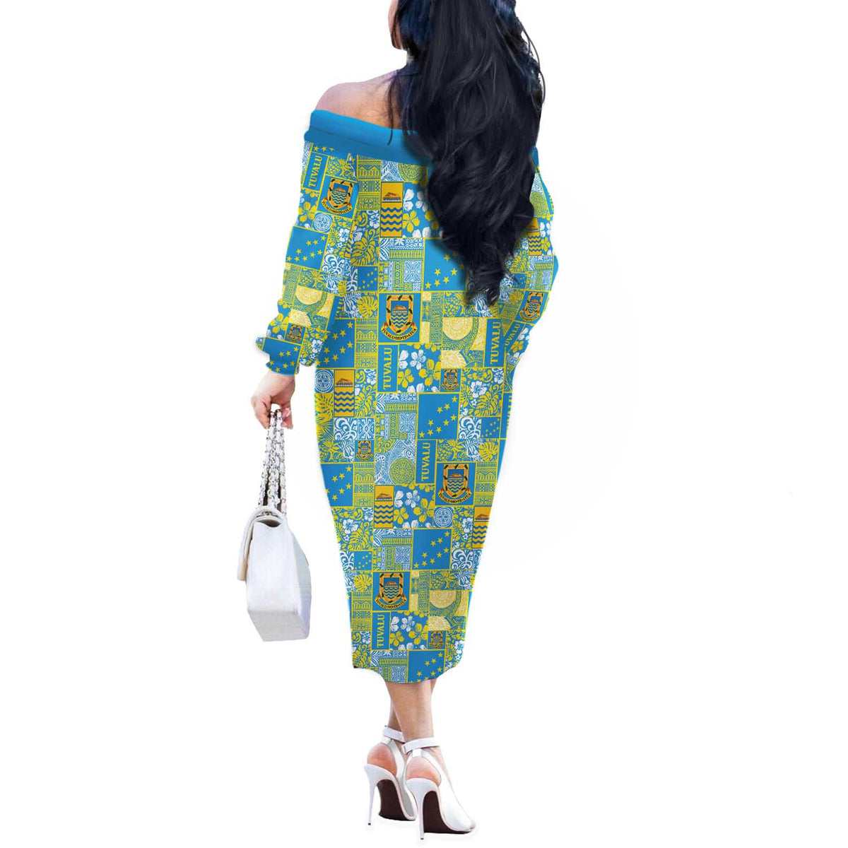 Tuvalu Manuia te Kilisimasi Off The Shoulder Long Sleeve Dress Pacific Patchwork Xmas Vibes - Polynesian Pride