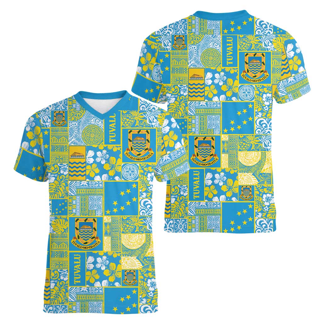Tuvalu Manuia te Kilisimasi Women V-Neck T-Shirt Pacific Patchwork Xmas Vibes - Polynesian Pride
