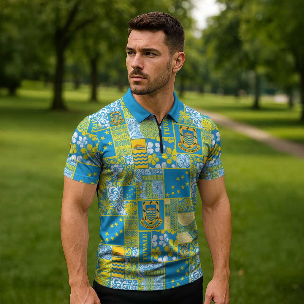Tuvalu Manuia te Kilisimasi Zipper Polo Shirt Pacific Patchwork Xmas Vibes - Polynesian Pride