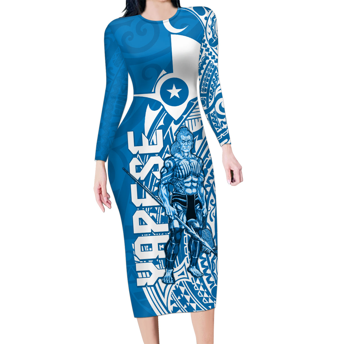 Yap Day 1 March Family Matching Long Sleeve Bodycon Dress and Hawaiian Shirt Micronesia Yapese Warrior LT9 Mom's Dress Blue - Polynesian Pride