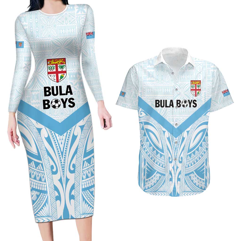 Fiji Football Custom Couples Matching Long Sleeve Bodycon Dress and Hawaiian Shirt Bula Boys Go Champions LT9 Blue - Polynesian Pride