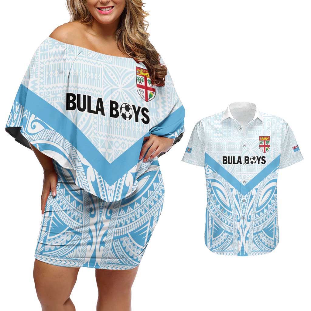 Fiji Football Custom Couples Matching Off Shoulder Short Dress and Hawaiian Shirt Bula Boys Go Champions LT9 Blue - Polynesian Pride