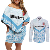 Fiji Football Custom Couples Matching Off Shoulder Short Dress and Long Sleeve Button Shirt Bula Boys Go Champions LT9 Blue - Polynesian Pride
