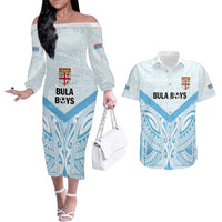 Fiji Football Custom Couples Matching Off The Shoulder Long Sleeve Dress and Hawaiian Shirt Bula Boys Go Champions LT9 Blue - Polynesian Pride