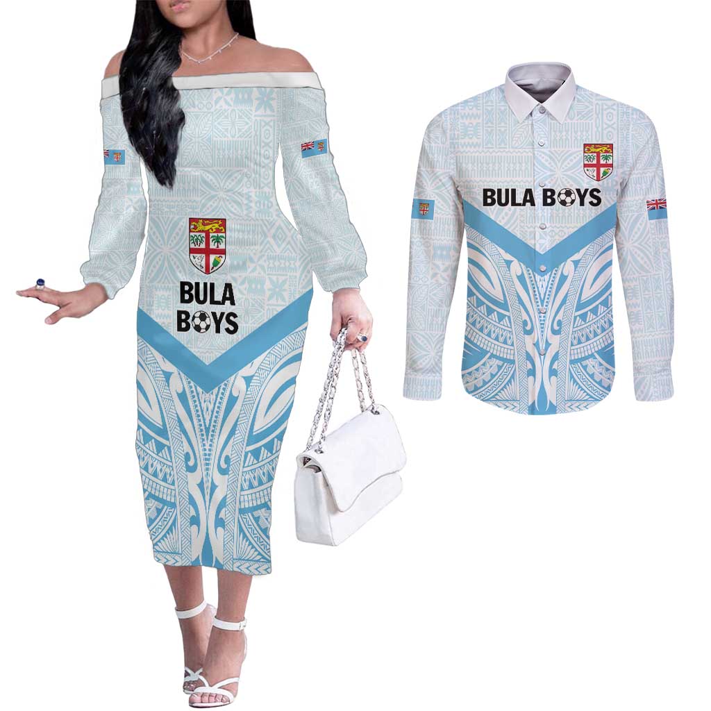 Fiji Football Custom Couples Matching Off The Shoulder Long Sleeve Dress and Long Sleeve Button Shirt Bula Boys Go Champions LT9 Blue - Polynesian Pride
