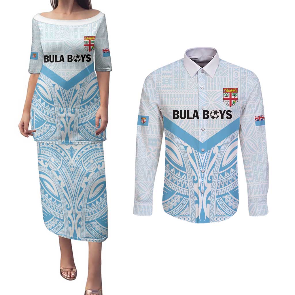 Fiji Football Custom Couples Matching Puletasi and Long Sleeve Button Shirt Bula Boys Go Champions LT9 Blue - Polynesian Pride