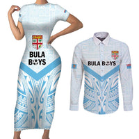 Fiji Football Custom Couples Matching Short Sleeve Bodycon Dress and Long Sleeve Button Shirt Bula Boys Go Champions LT9 Blue - Polynesian Pride