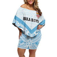 Fiji Football Custom Family Matching Off Shoulder Short Dress and Hawaiian Shirt Bula Boys Go Champions LT9 Mom's Dress Blue - Polynesian Pride