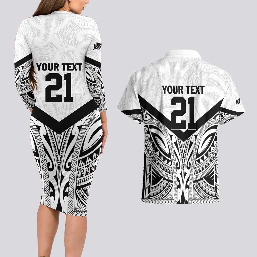 New Zealand Football Custom Couples Matching Long Sleeve Bodycon Dress and Hawaiian Shirt All White Fern Go Champions LT9 - Polynesian Pride