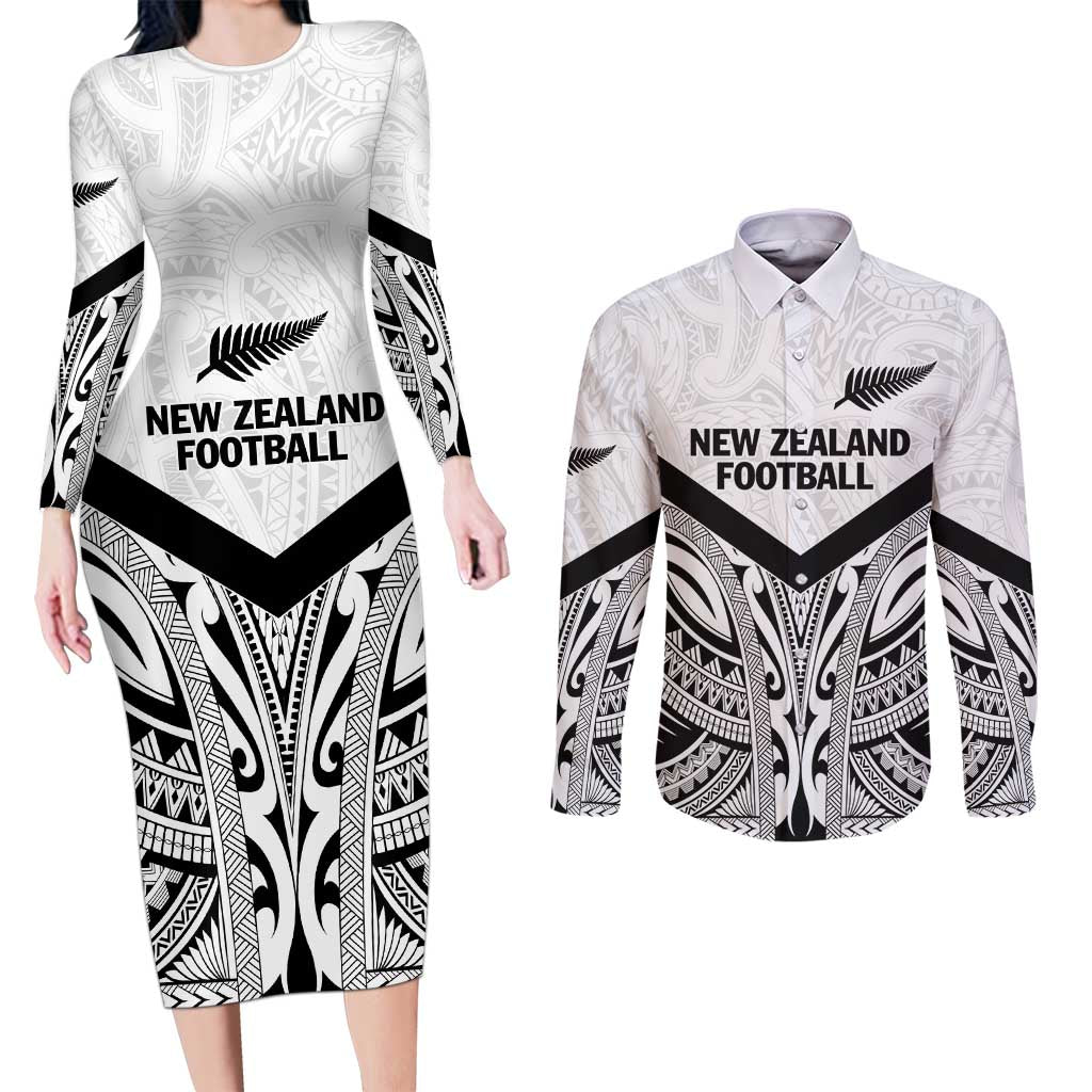 New Zealand Football Custom Couples Matching Long Sleeve Bodycon Dress and Long Sleeve Button Shirt All White Fern Go Champions LT9 White - Polynesian Pride