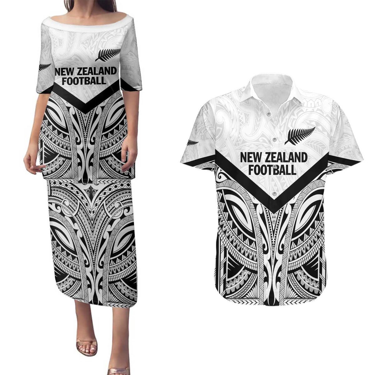 New Zealand Football Custom Couples Matching Puletasi and Hawaiian Shirt All White Fern Go Champions LT9 White - Polynesian Pride