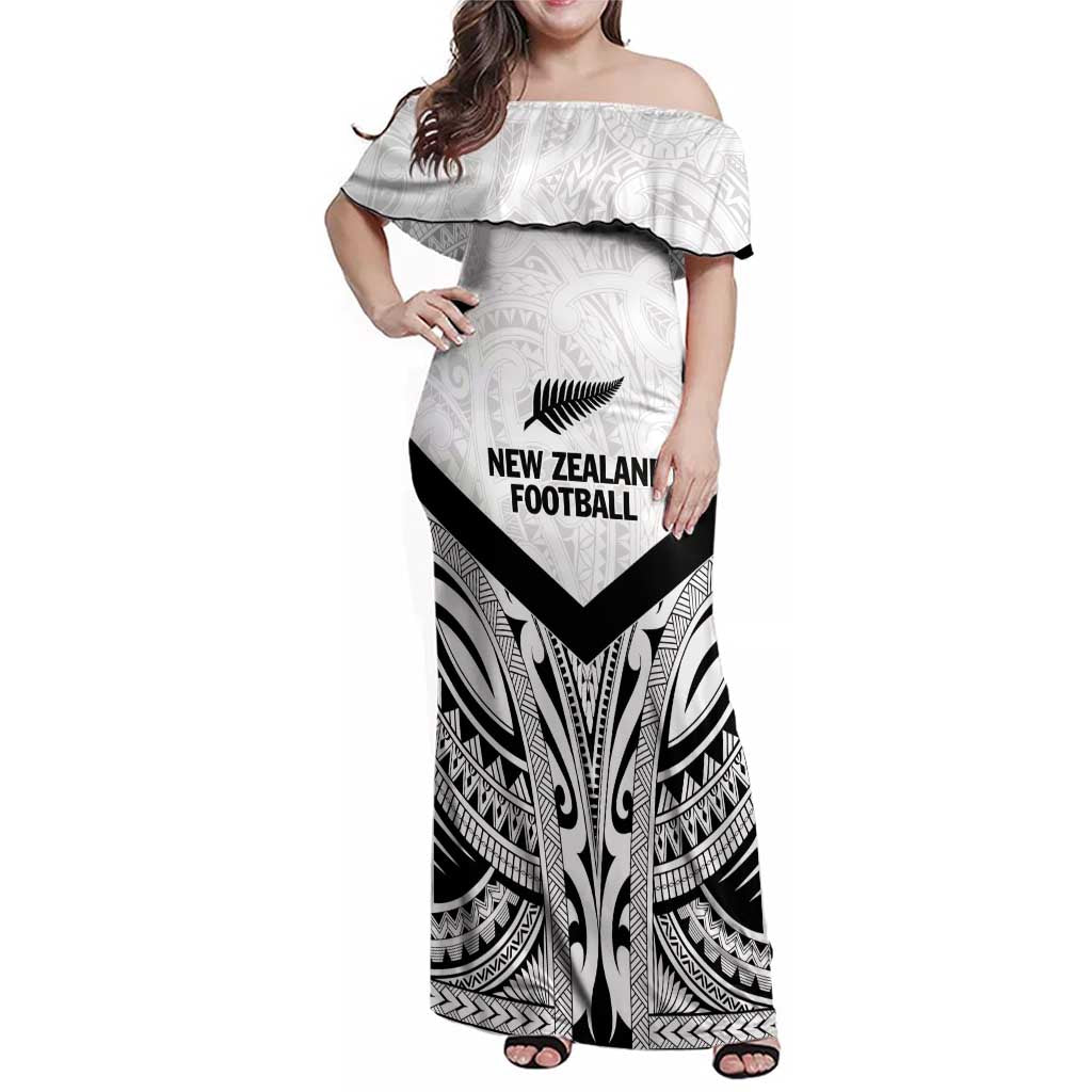 New Zealand Football Custom Family Matching Off Shoulder Maxi Dress and Hawaiian Shirt All White Fern Go Champions LT9 Mom's Dress White - Polynesian Pride