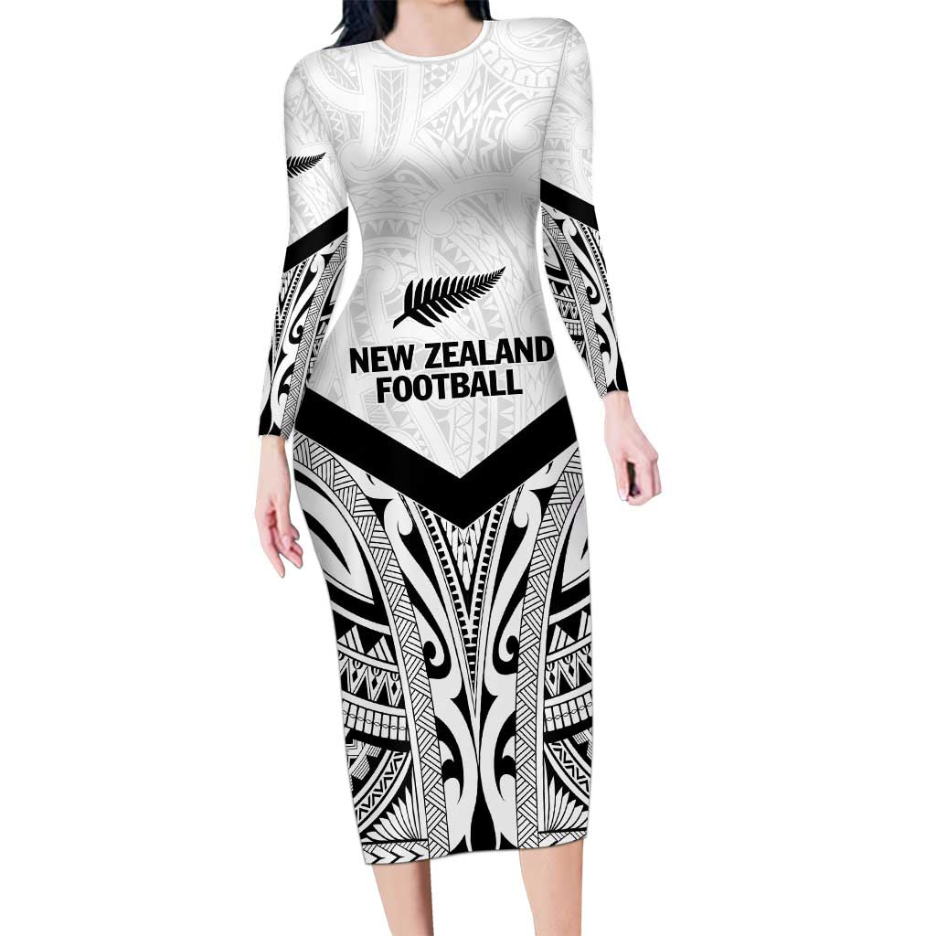 New Zealand Football Custom Long Sleeve Bodycon Dress All White Fern Go Champions LT9 Long Dress White - Polynesian Pride