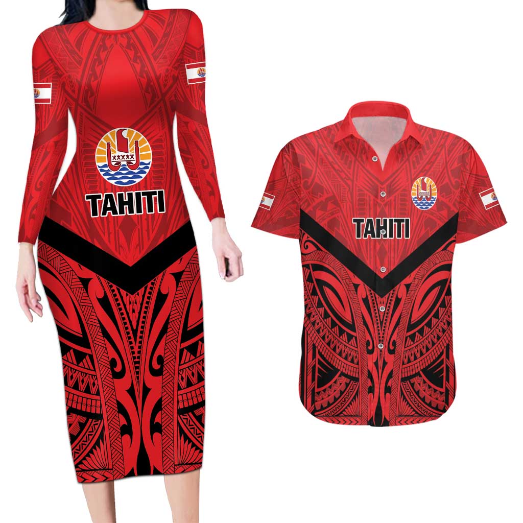 Tahiti Football Custom Couples Matching Long Sleeve Bodycon Dress and Hawaiian Shirt Toa Aito Go Champions LT9 Red - Polynesian Pride