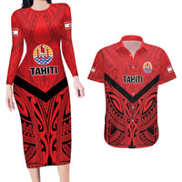 Tahiti Football Custom Couples Matching Long Sleeve Bodycon Dress and Hawaiian Shirt Toa Aito Go Champions LT9 Red - Polynesian Pride