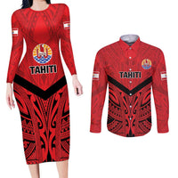 Tahiti Football Custom Couples Matching Long Sleeve Bodycon Dress and Long Sleeve Button Shirt Toa Aito Go Champions LT9 Red - Polynesian Pride