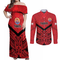 Tahiti Football Custom Couples Matching Off Shoulder Maxi Dress and Long Sleeve Button Shirt Toa Aito Go Champions LT9 Red - Polynesian Pride