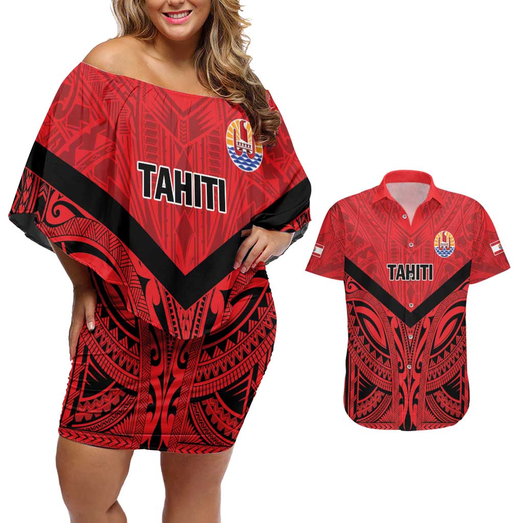 Tahiti Football Custom Couples Matching Off Shoulder Short Dress and Hawaiian Shirt Toa Aito Go Champions LT9 Red - Polynesian Pride