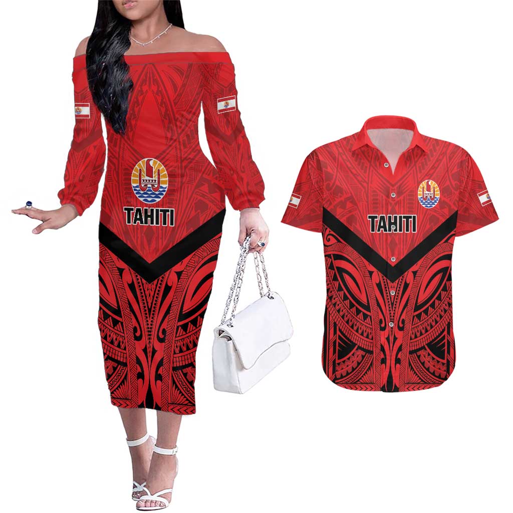 Tahiti Football Custom Couples Matching Off The Shoulder Long Sleeve Dress and Hawaiian Shirt Toa Aito Go Champions LT9 Red - Polynesian Pride
