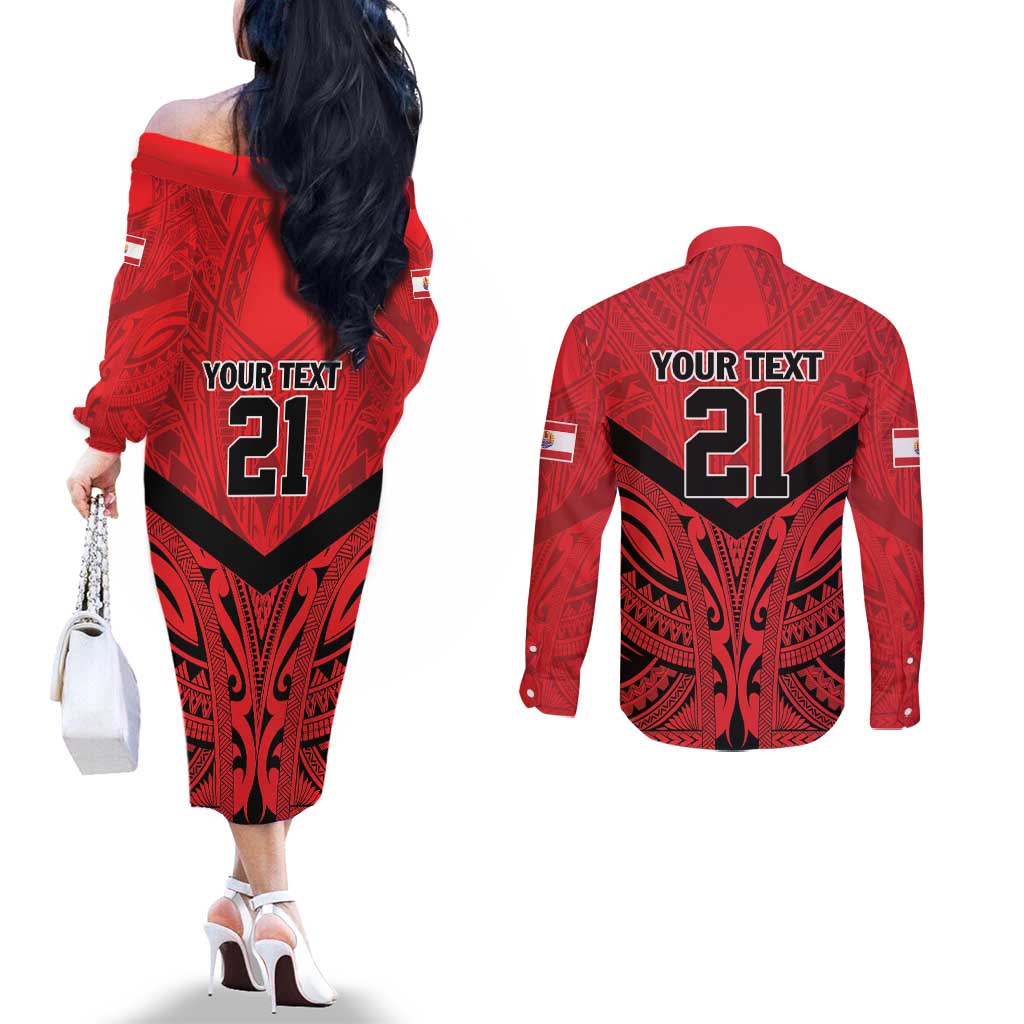 Tahiti Football Custom Couples Matching Off The Shoulder Long Sleeve Dress and Long Sleeve Button Shirt Toa Aito Go Champions LT9 - Polynesian Pride