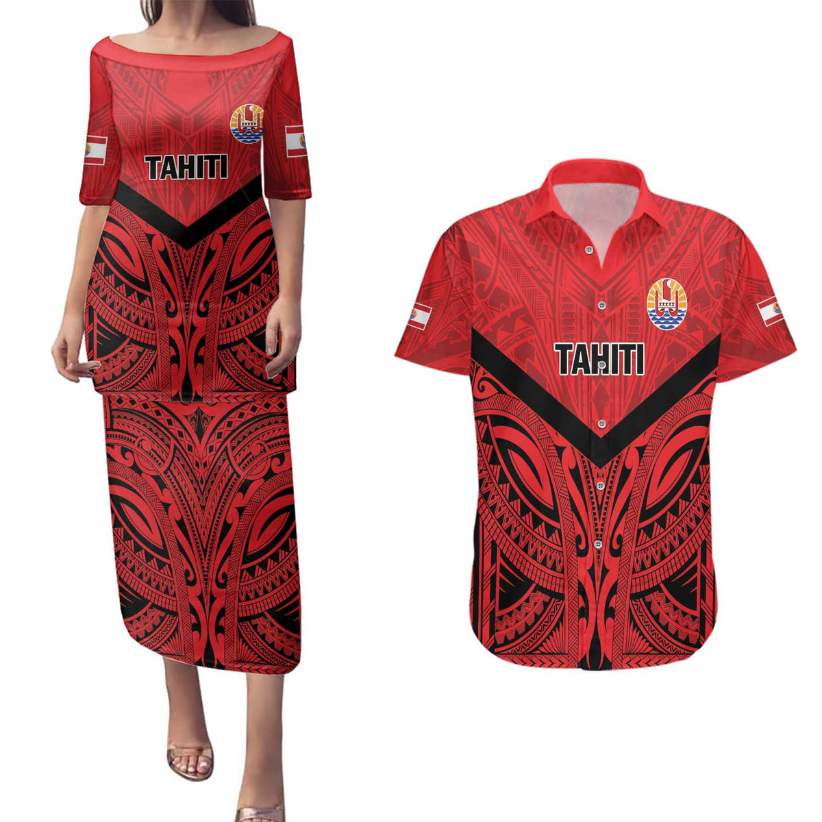 Tahiti Football Custom Couples Matching Puletasi and Hawaiian Shirt Toa Aito Go Champions LT9 Red - Polynesian Pride