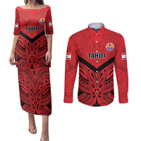 Tahiti Football Custom Couples Matching Puletasi and Long Sleeve Button Shirt Toa Aito Go Champions LT9 Red - Polynesian Pride