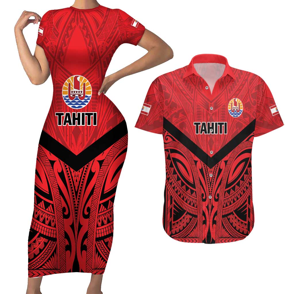 Tahiti Football Custom Couples Matching Short Sleeve Bodycon Dress and Hawaiian Shirt Toa Aito Go Champions LT9 Red - Polynesian Pride