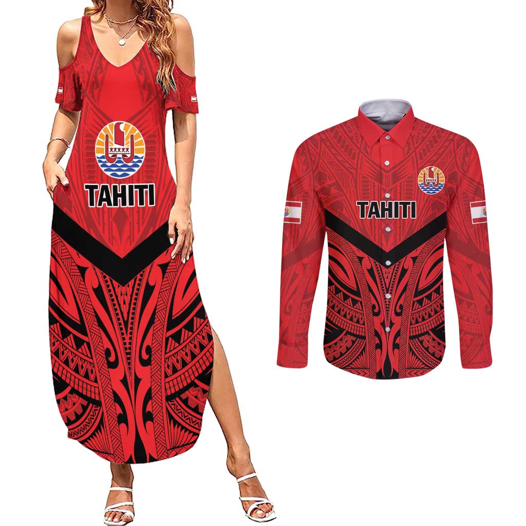 Tahiti Football Custom Couples Matching Summer Maxi Dress and Long Sleeve Button Shirt Toa Aito Go Champions LT9 Red - Polynesian Pride