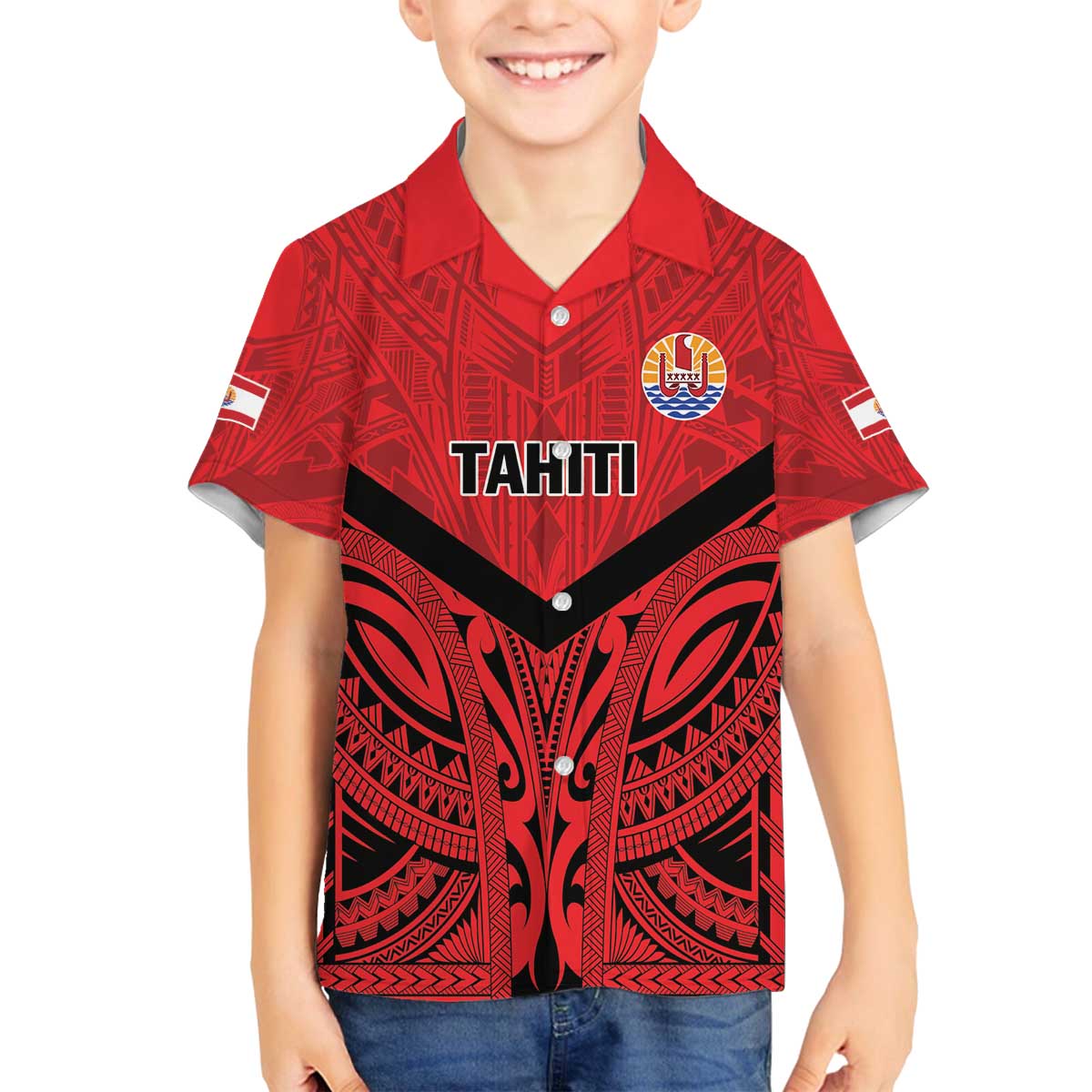 Tahiti Football Custom Family Matching Off The Shoulder Long Sleeve Dress and Hawaiian Shirt Toa Aito Go Champions LT9 Son's Shirt Red - Polynesian Pride
