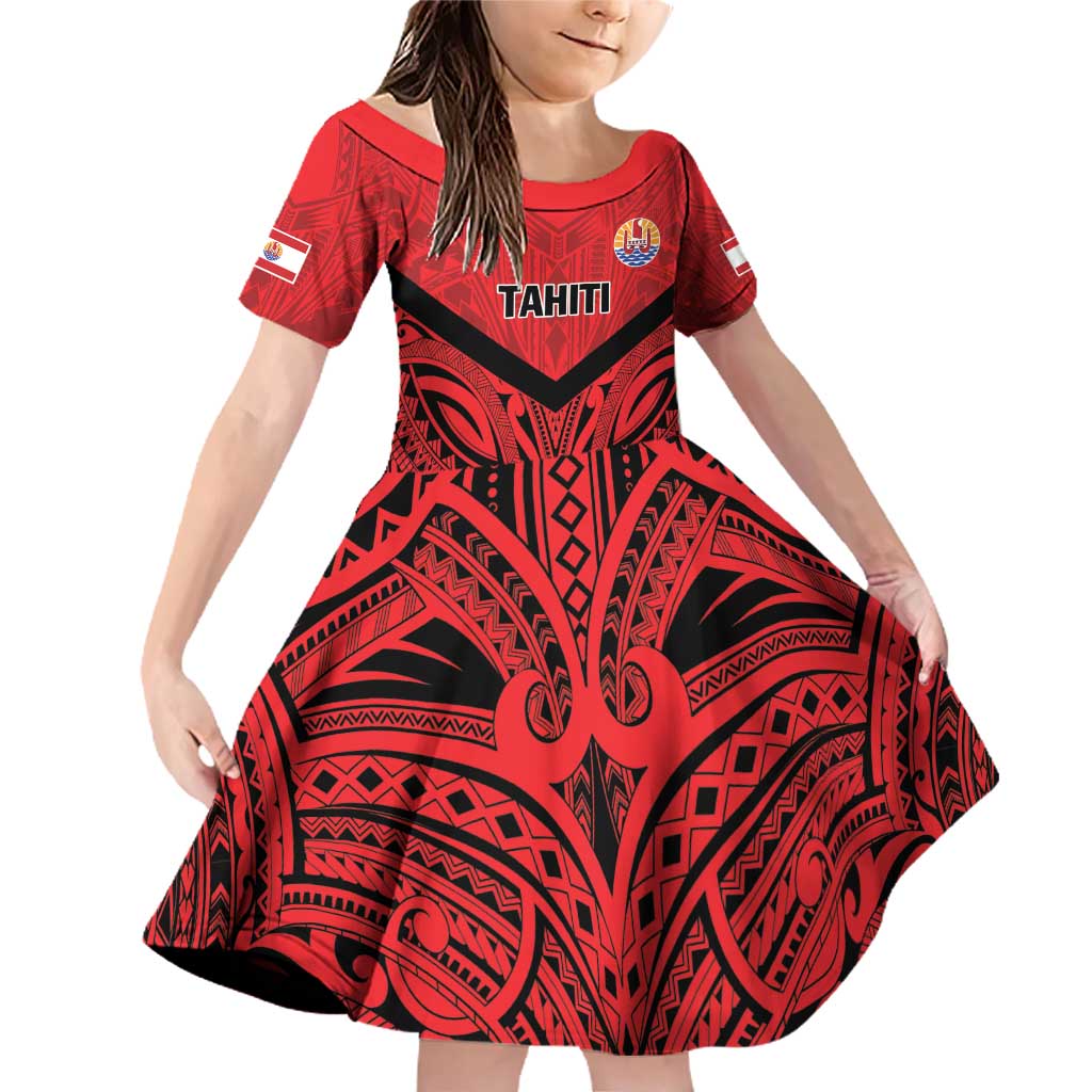 Tahiti Football Custom Family Matching Off Shoulder Short Dress and Hawaiian Shirt Toa Aito Go Champions LT9 Daughter's Dress Red - Polynesian Pride