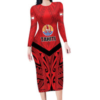Tahiti Football Custom Long Sleeve Bodycon Dress Toa Aito Go Champions LT9 Long Dress Red - Polynesian Pride