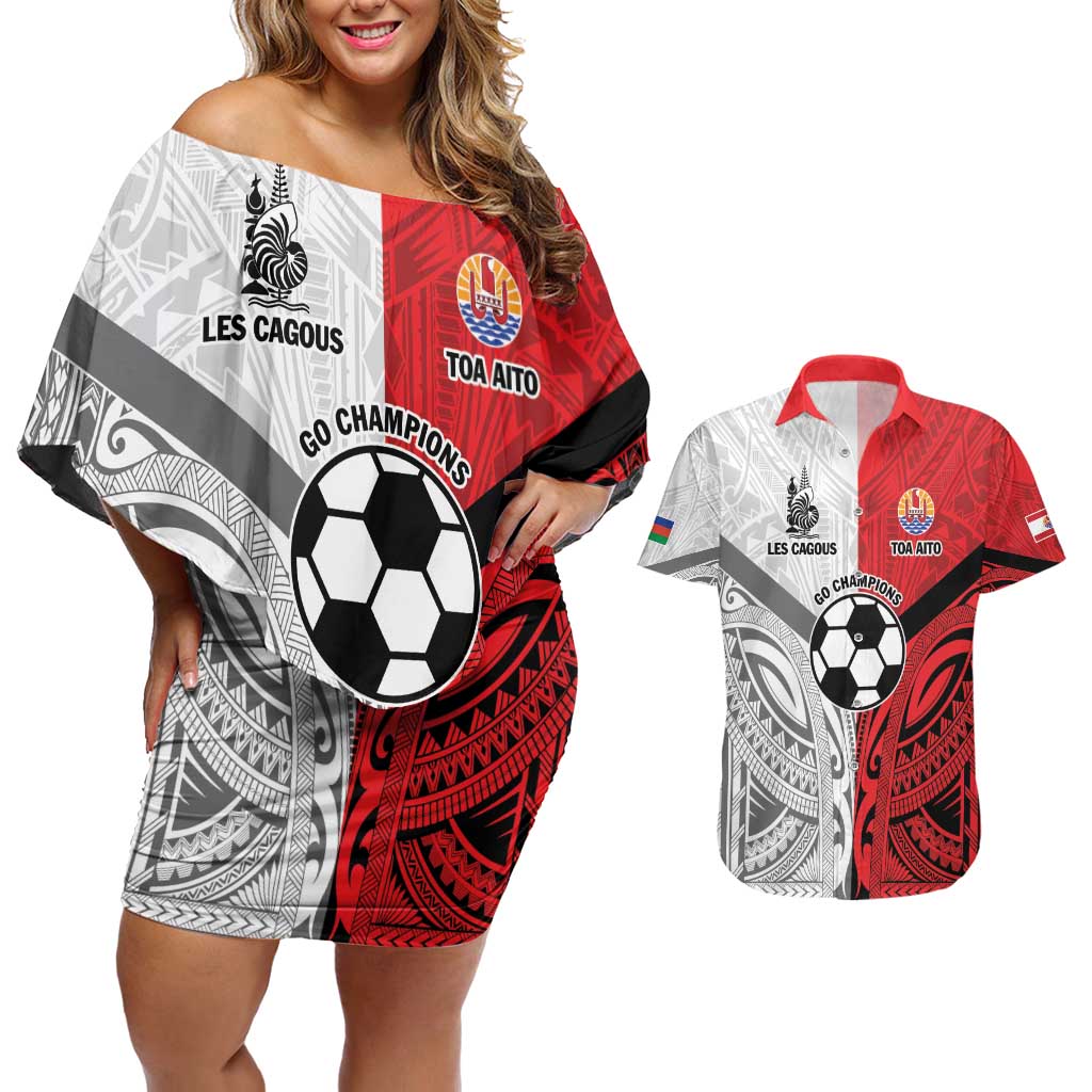 New Caledonia-Tahiti Football Custom Couples Matching Off Shoulder Short Dress and Hawaiian Shirt Together Go Champions LT9 Art - Polynesian Pride
