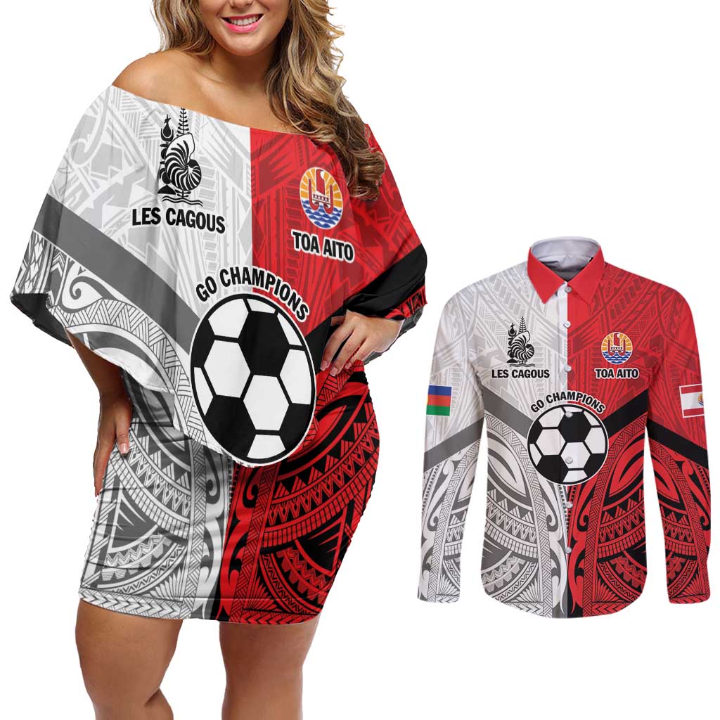 New Caledonia-Tahiti Football Custom Couples Matching Off Shoulder Short Dress and Long Sleeve Button Shirt Together Go Champions LT9 Art - Polynesian Pride
