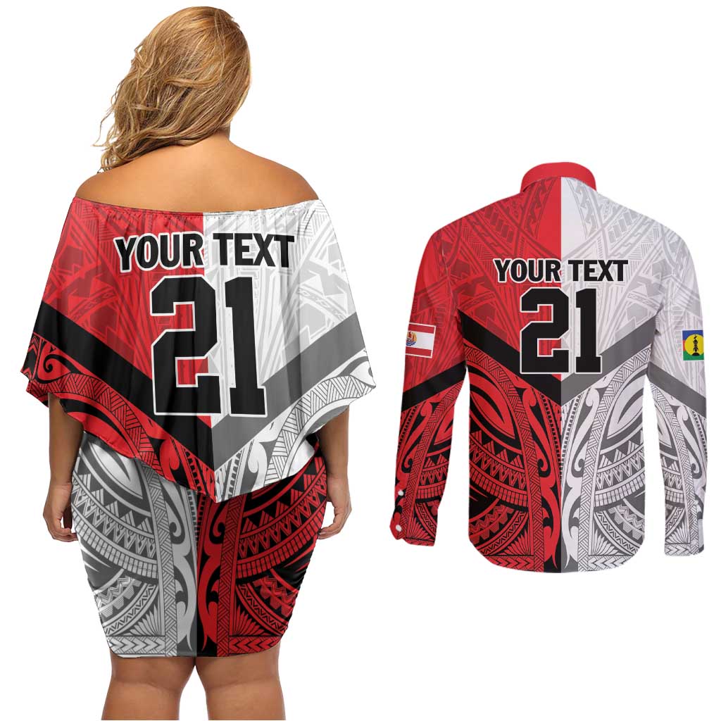 New Caledonia-Tahiti Football Custom Couples Matching Off Shoulder Short Dress and Long Sleeve Button Shirt Together Go Champions LT9 - Polynesian Pride