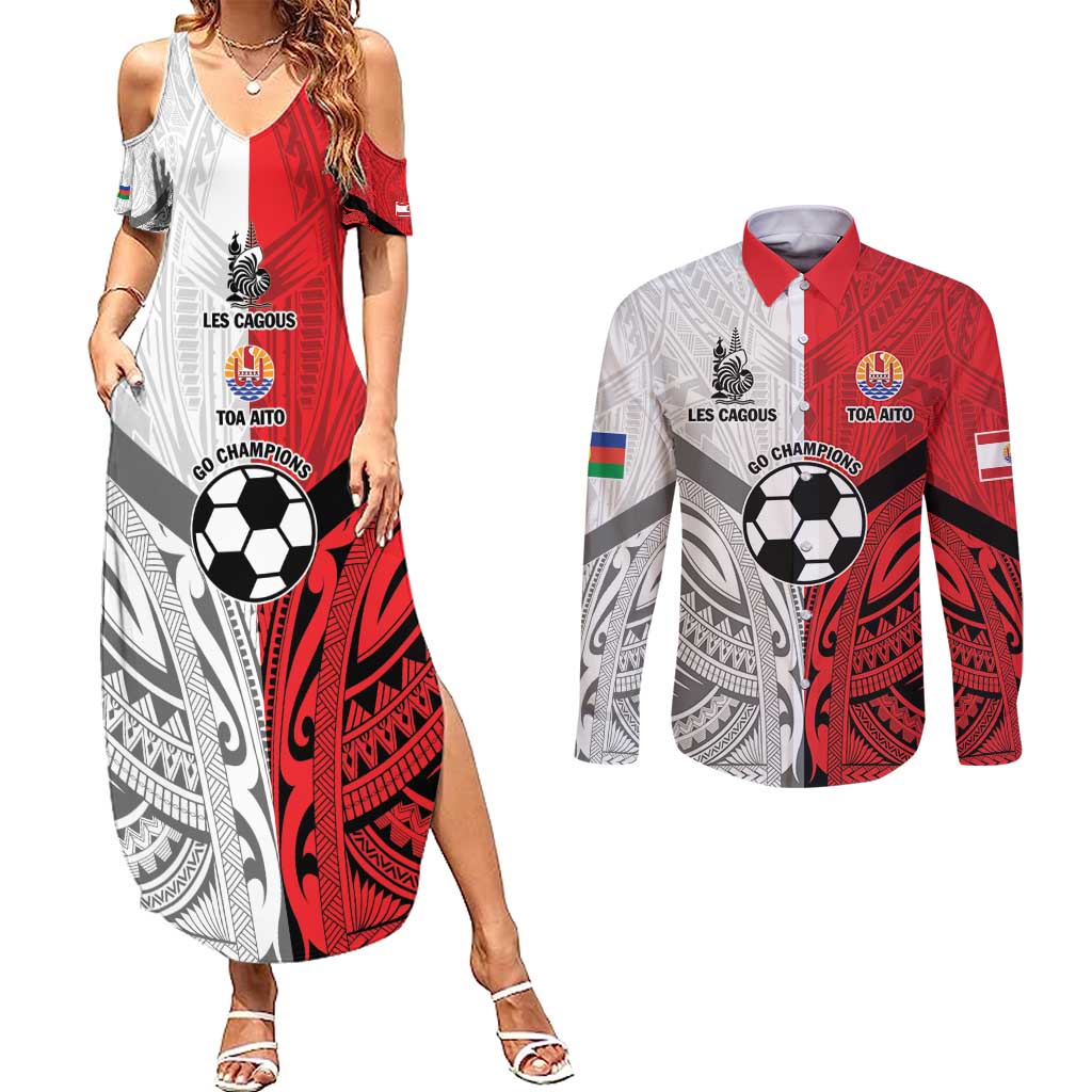 New Caledonia-Tahiti Football Custom Couples Matching Summer Maxi Dress and Long Sleeve Button Shirt Together Go Champions LT9 Art - Polynesian Pride