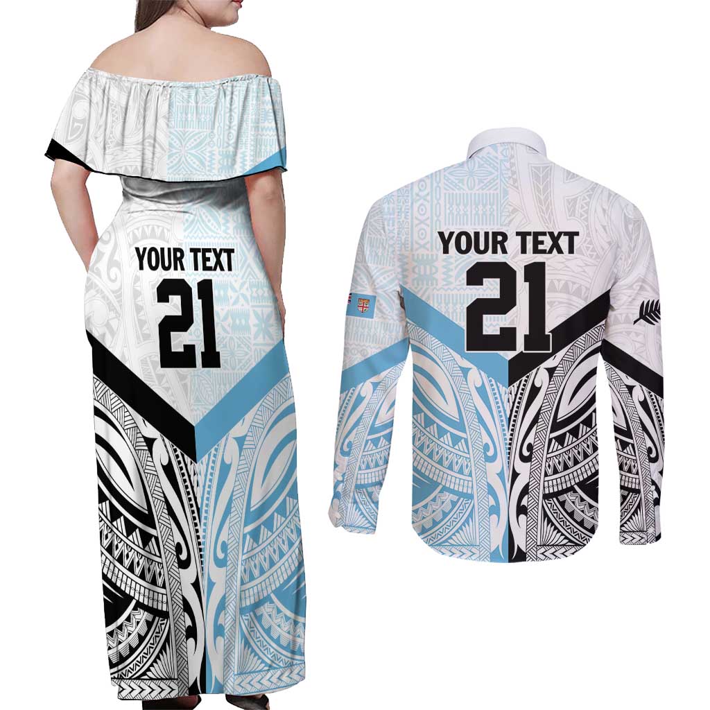 New Zealand-Fiji Football Custom Couples Matching Off Shoulder Maxi Dress and Long Sleeve Button Shirt Together Go Champions LT9 - Polynesian Pride