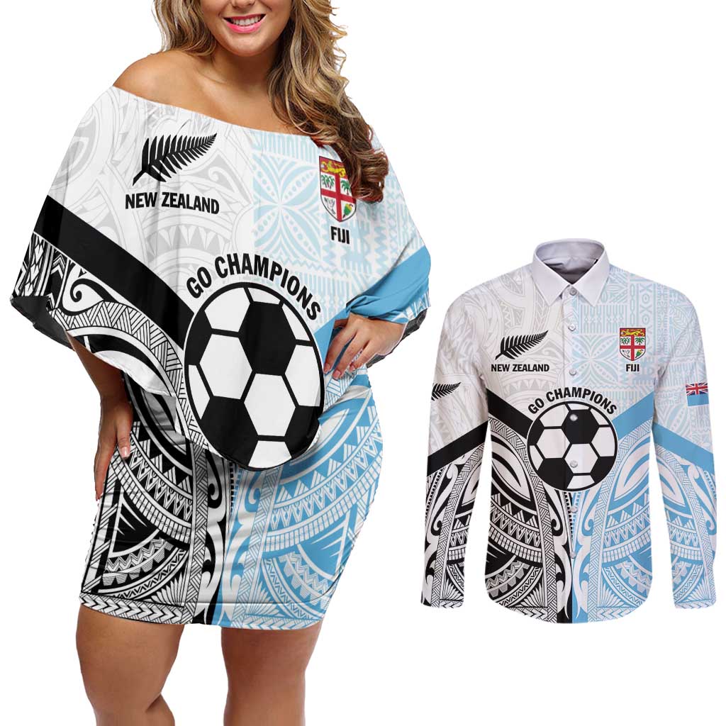 New Zealand-Fiji Football Custom Couples Matching Off Shoulder Short Dress and Long Sleeve Button Shirt Together Go Champions LT9 Art - Polynesian Pride