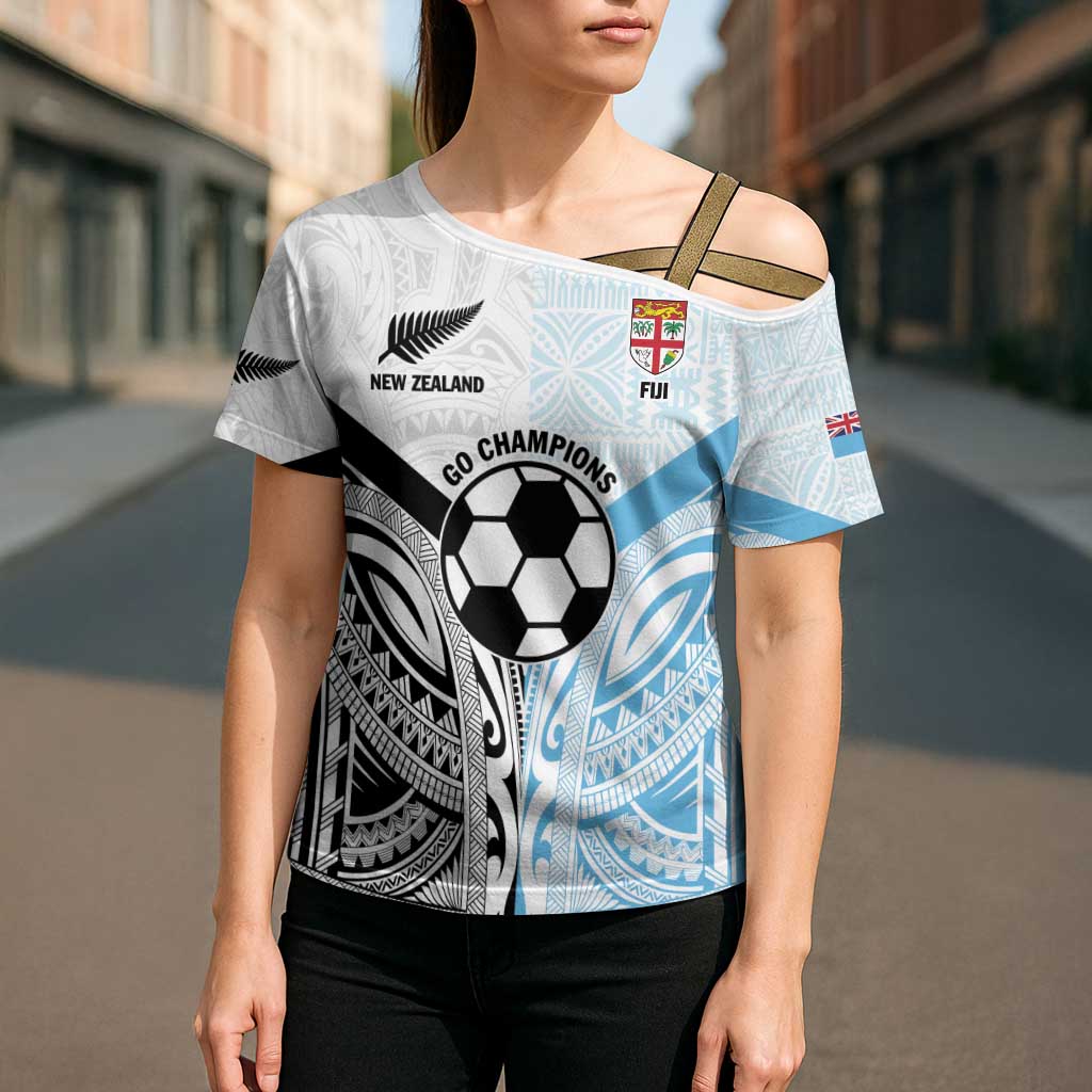 New Zealand-Fiji Football Custom Cross Shoulder Shirt Together Go Champions - Polynesian Pride