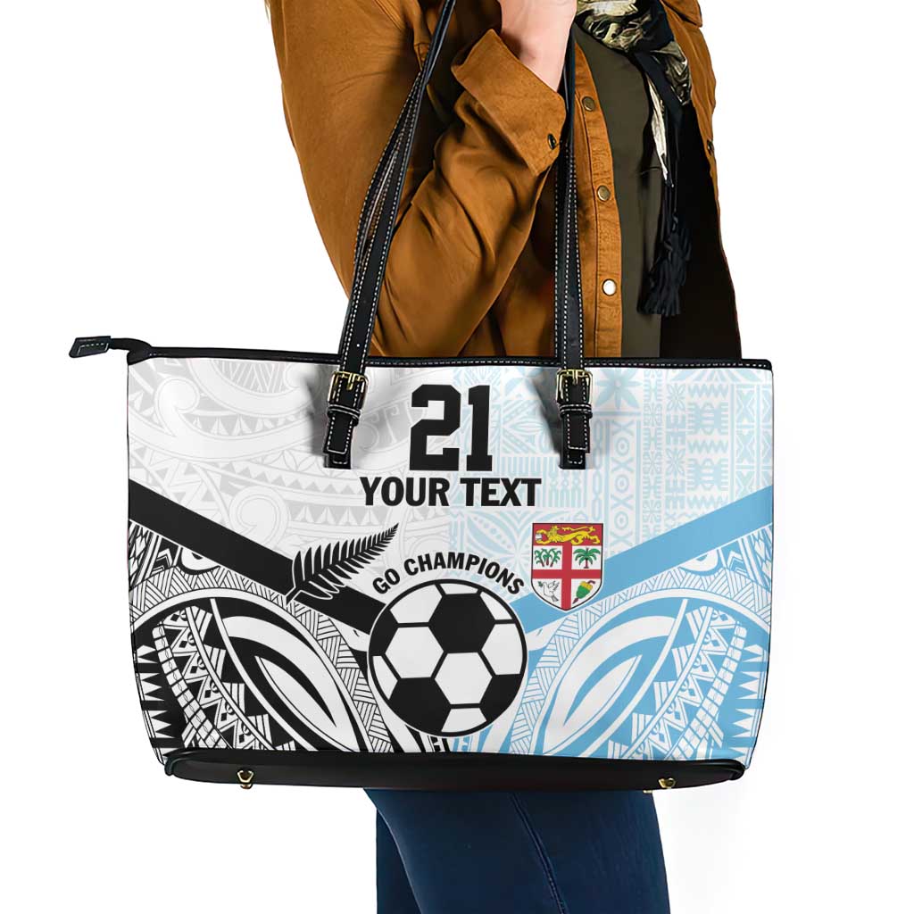 New Zealand-Fiji Football Custom Leather Tote Bag Together Go Champions LT9 - Polynesian Pride