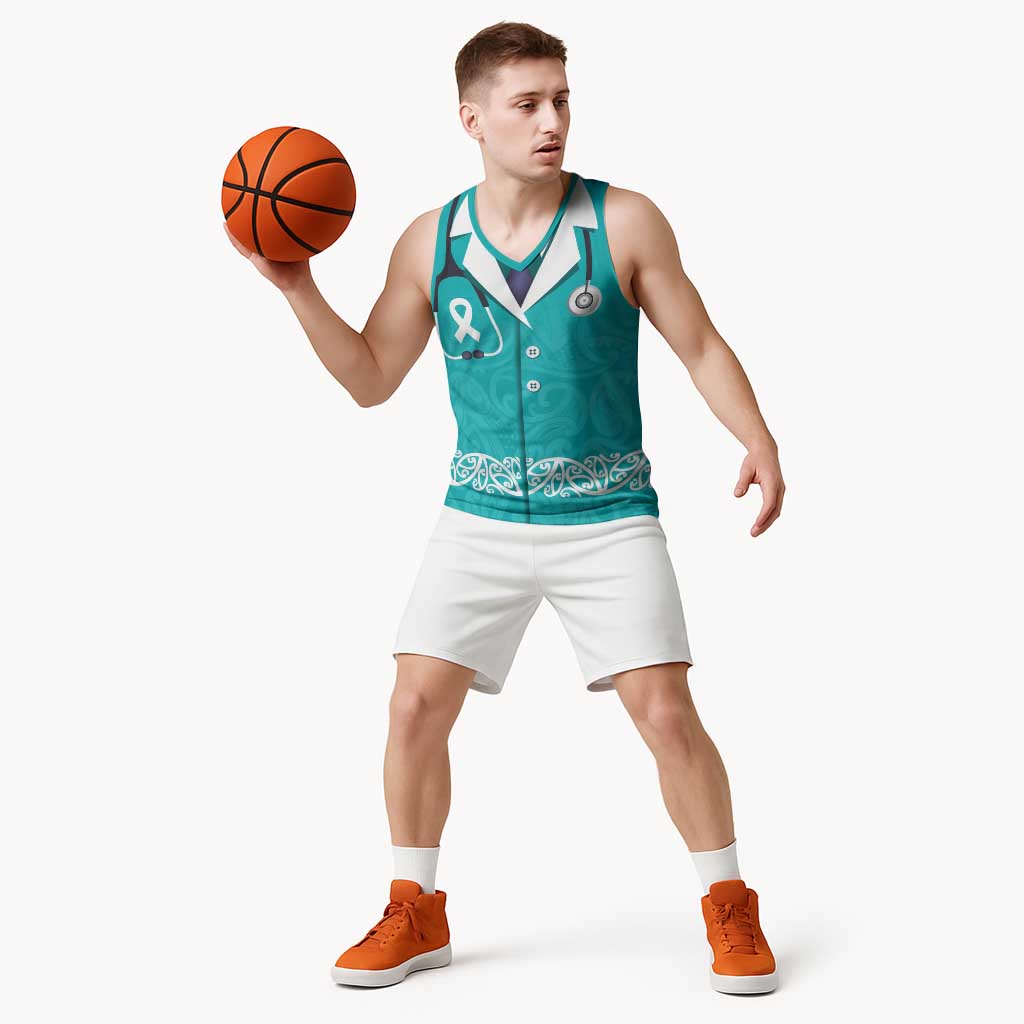 New Zealand Nurses Week Basketball Jersey Maori Kowhaiwhai Cyan Tribal LT9 - Polynesian Pride