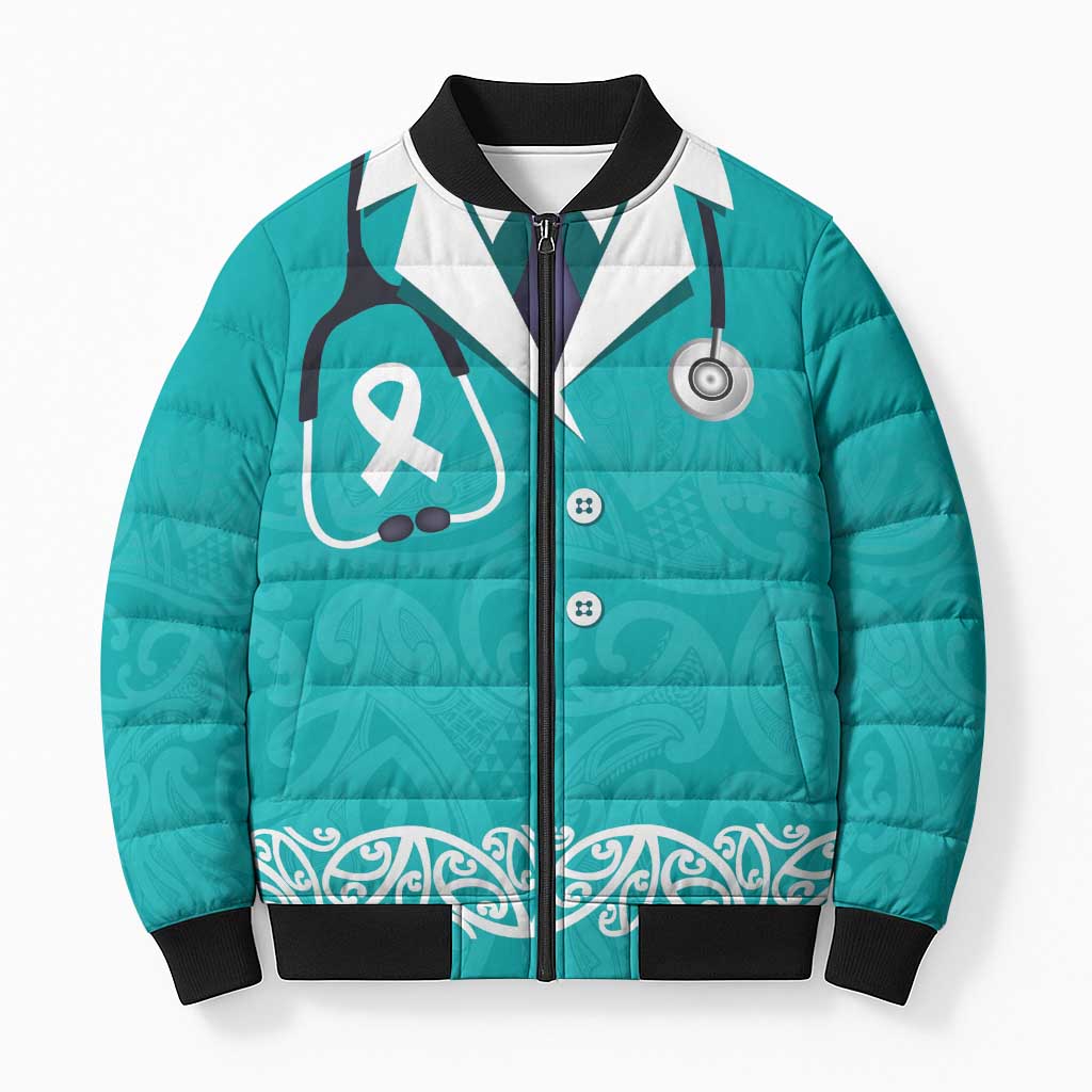 New Zealand Nurses Week Bomber Puffer Jacket Maori Kowhaiwhai Cyan Tribal LT9 Unisex Cyan - Polynesian Pride