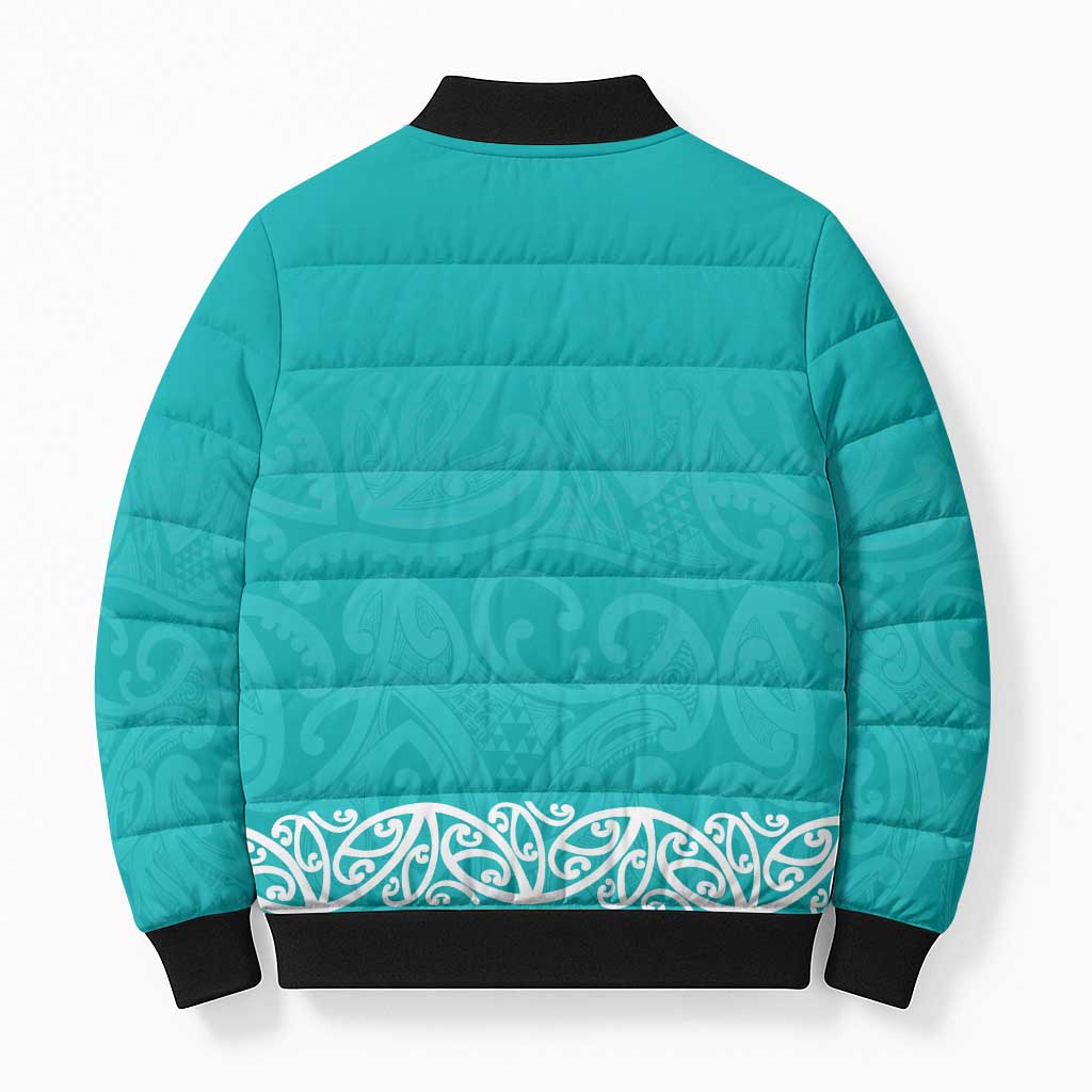 New Zealand Nurses Week Bomber Puffer Jacket Maori Kowhaiwhai Cyan Tribal