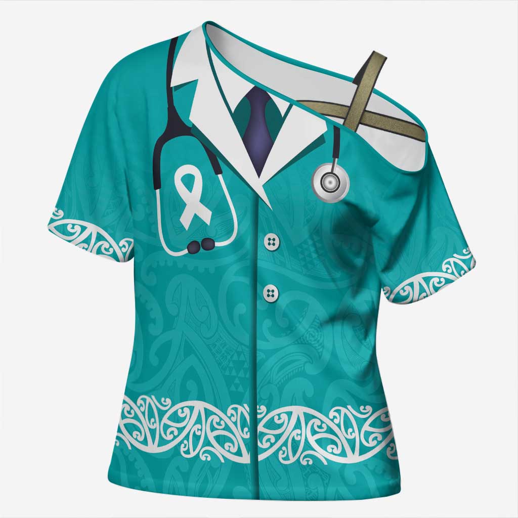 New Zealand Nurses Week Cross Shoulder Shirt Maori Kowhaiwhai Cyan Tribal LT9 Female Cyan - Polynesian Pride