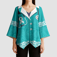 New Zealand Nurses Week Kimono Sleeve Blouse Maori Kowhaiwhai Cyan Tribal LT9 - Polynesian Pride