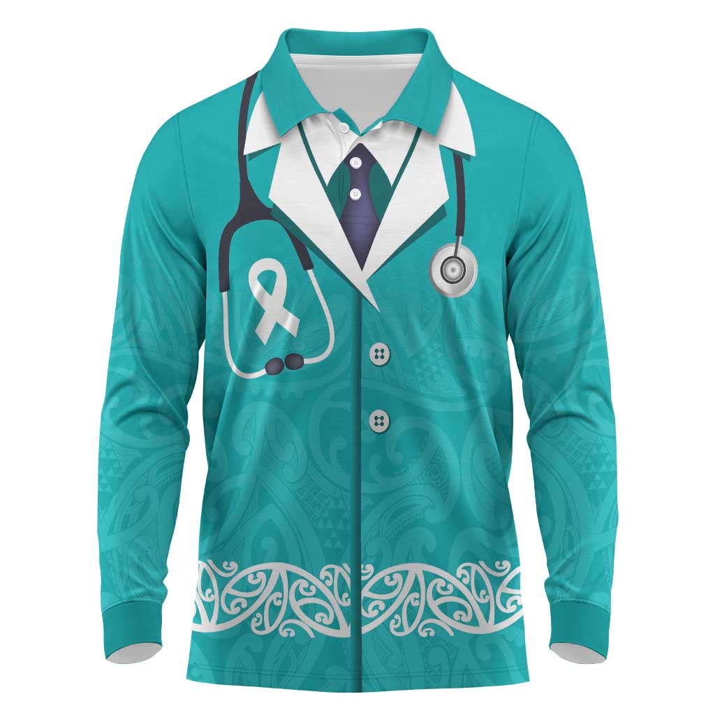 New Zealand Nurses Week Long Sleeve Polo Shirt Maori Kowhaiwhai Cyan Tribal LT9 Cyan - Polynesian Pride