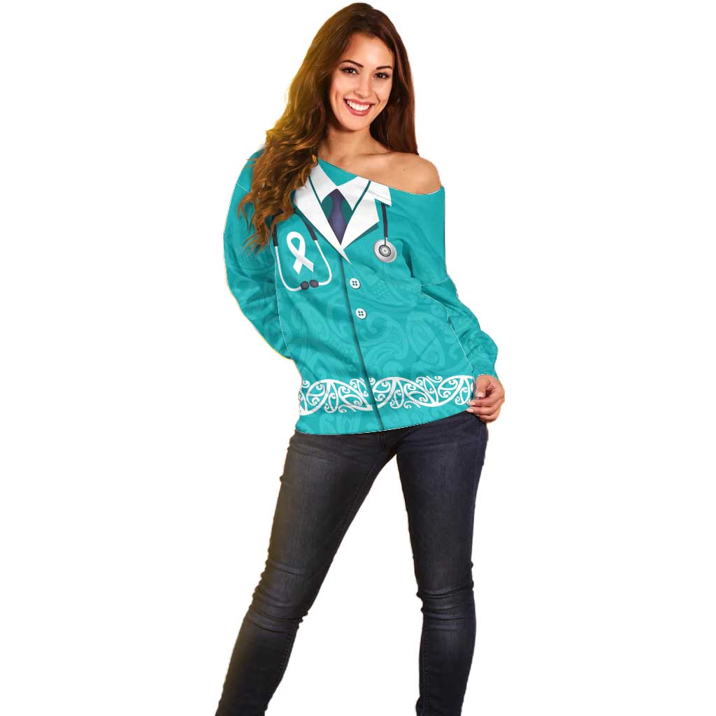 New Zealand Nurses Week Off Shoulder Sweater Maori Kowhaiwhai Cyan Tribal LT9 - Polynesian Pride
