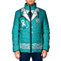 New Zealand Nurses Week Padded Jacket Maori Kowhaiwhai Cyan Tribal