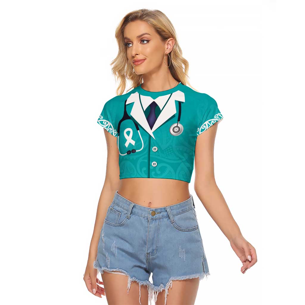 New Zealand Nurses Week Raglan Cropped T Shirt Maori Kowhaiwhai Cyan Tribal LT9 Female Cyan - Polynesian Pride