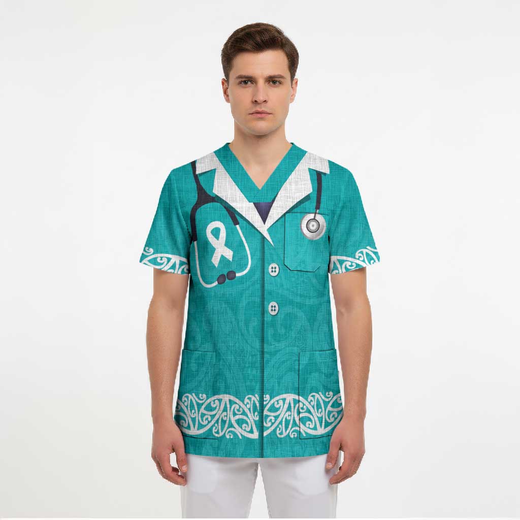 New Zealand Nurses Week Scrub Top Maori Kowhaiwhai Cyan Tribal