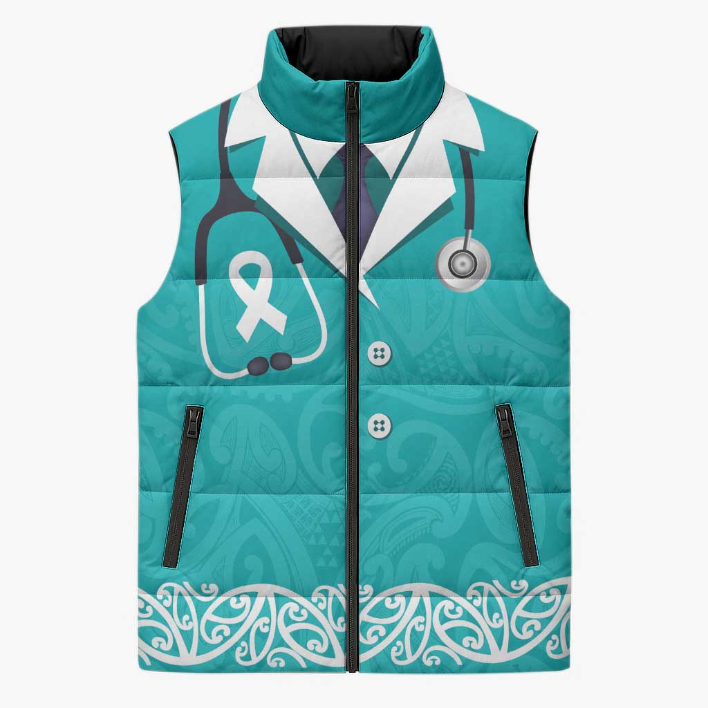 New Zealand Nurses Week Sleeveless Puffer Jacket Maori Kowhaiwhai Cyan Tribal LT9 Unisex Cyan - Polynesian Pride